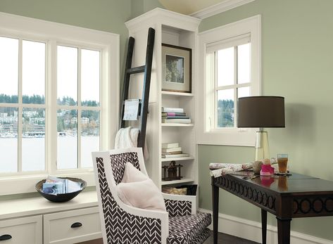 soothing home office space - tree moss 508 (walls), mountain peak white OC-121 (trim), branchport brown HC-72 (accent) Soft Green Paint Color, Green Home Offices, Office Paint Colors, Office Paint, Home Office Colors, Paint Color Schemes, Top Decor, Office Colors, Interior Paint Colors