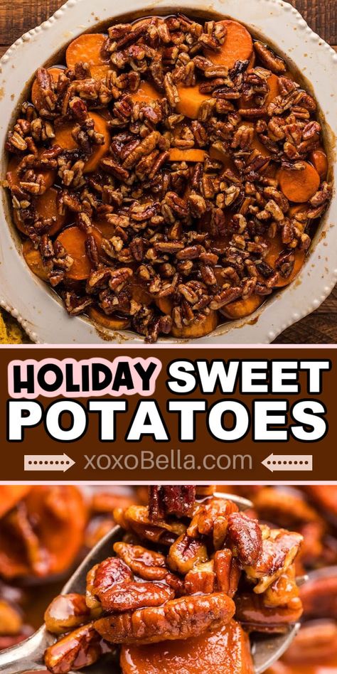 Sweet potato and pecan side dish for Thanksgiving Sweet Potato Pecan Recipes, Sweet Potato Streusel, Thanksgiving Yam Recipe, Sweet Potatoes With Pecans, Maple Glazed Sweet Potatoes, Maple Pecans, Maple Extract, Sweet Potato Dishes, Glazed Sweet Potatoes