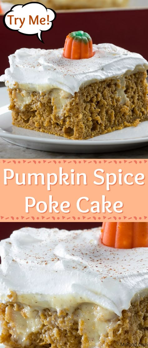 Poke Cake With Vanilla Pudding, Pumpkin Spice Poke Cake, Spice Poke Cake, Cake With Vanilla Pudding, Pumpkin Flavored Desserts, Homemade Spice Cake, Easy Poke Cake, Pumpkin Poke Cake, Poke Cake Recipe