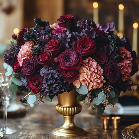 Dark Christmas Decor Ideas - Gothic Christmas Decor, Moody Floral Arrangements, Dark Floral Arrangements, Dark Floral Decor, Dark Christmas Decor, Purple Floral Arrangements, Jewel Tone Christmas, Christmas Candelabra, Winter Floral Arrangements