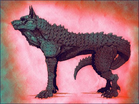 Crocodile Hybrid Art, Dragon Dog Hybrid, Fantasy Dog Creature, Alien Dog Concept Art, Black Dog Mythical Creature, Monster Horse Art, Wolf Hybrid, Hybrid Art, Howl At The Moon