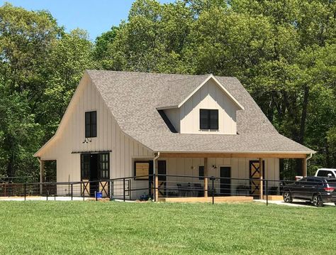 The Arkansas Barndominium with horse stalls is a cozy 1200 sqft living space of 2-bed and a full bath; and a horse barn with 4 stalls, tack room, and Barndo Exterior, Barn With Loft, Barn With Living Quarters, Barndominium Interior, Building A Pole Barn, Barn Apartment, Horse Barn Designs, Horse Barn Plans, Barndominium Floor Plans