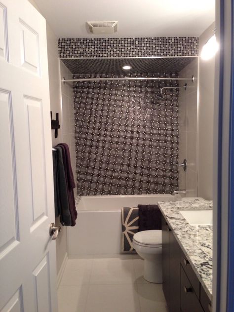 Dramatic shower wall and bulkhead to house lighting. When the door is left open - what a great view!! www.design--shop.com Bulkhead Ideas, Black And White Tiles Bathroom, Small Bathroom Remodel Designs, Craftsman Bathroom, Farmhouse Bathroom Remodel, Bathroom Vanity Makeover, Older Homes, Basement Plans, Bathroom Organization Diy