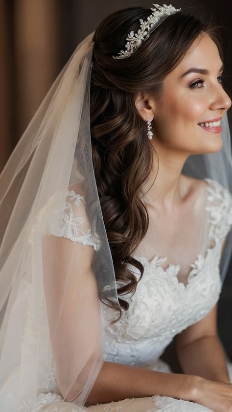 Hair Piece And Veil Wedding, Bride Hairstyles Updo Elegant Wedding Veils Bridal Headpieces, Bridal Updo Headpiece, Wedding Hairstyles Crown Tiaras, Simple Wedding Updo With Veil, Bridal Hair With Tiara And Veil Half Up, Down Wedding Hairstyles With Headpiece, Wedding Hair Updo With Veil And Tiara, Tiara Updo Hairstyles