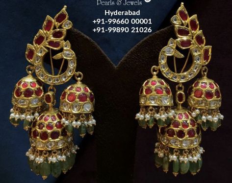 3 Jhumka Earrings Gold, Telugu Jewellery, Jhumka Earrings Gold, Nakshi Design, Jhumkas Gold, Kundan Chandbali, Indian Gold Necklace Designs, Gold Jhumkas, Mango Mala