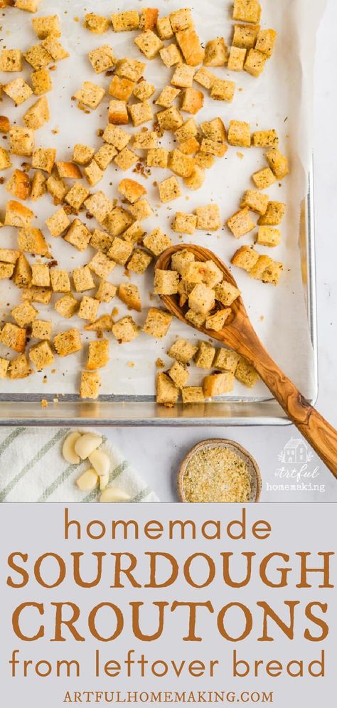 You can make homemade sourdough croutons using leftover pieces of sourdough bread. There are a lot of options for seasoning them as you prefer, and they're the perfect addition to a dinner salad. Leftover Sourdough Bread, Sourdough Croutons, Croutons Recipe, Crouton Recipes, Vegetarian Italian, Homemade Sourdough, Dinner Salad, Leftover Bread, Croutons Homemade