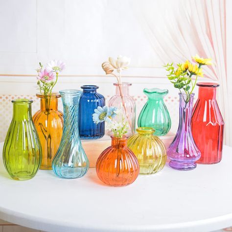 Colorful Boho Wedding Centerpieces, Colorful Vases Centerpiece, Colorful Glass Centerpieces, Colorful Vases Decor, Colorful Flower Vase, Diy Eclectic Wedding Decor, Multicolor Wedding Decor, Vibrant Wedding Centerpieces, Wildflower Rustic Wedding Theme