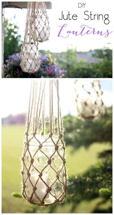 The perfect DIY outdoor decor for summer! All you need is jute string and mason jars! ขวดโหล Mason Jar, String Lanterns, Koti Diy, Diy Outdoor Lighting, نباتات منزلية, Decor Ikea, Diy Outdoor Decor, Macrame Projects, Mason Jar Crafts