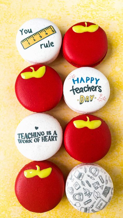 Teacher Macarons, Mothers Day Macarons, Apple Cinnamon Macarons, Fruit Shaped Macarons, Colourful Macarons, Macaroons Rainbow, Colorful Macarons, Happy Teachers Day, Teachers Day