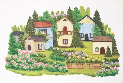 Cottagecore House Drawing, House Oil Pastel, Crayon Painting, Drawing Scenery, Vibrant Living Room, Pastel Crayons, Pastel House, Oil Pastel Paintings, Cool Paper Crafts