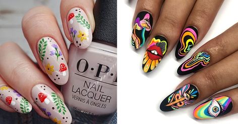 Hippie Nails Simple, Mushroom Cake Ideas, Trippy Mushroom Nails, Mushroom Nail Designs, Nails Trend 2023, Edc Nails, Mushroom Nail Art, Mushroom Nails, Black And Nude Nails