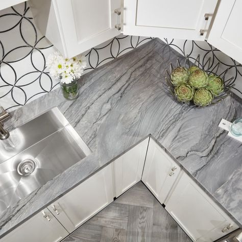 Quartzite is some of the most exquisite stone on Earth. Blue Tahoe #quartzite #countertops take your kitchen to a whole new level of luxury and elegance. Sleek, stunning and one-of-a-kind, Blue Tahoe features a beautiful pattern with veins of cool grey, silver and white. #arizonatile Small Kitchen Decoration, Tile Countertops Kitchen, Arizona Tile, Grey Countertops, Floor Tile Design, Marble Tile Floor, Granite Countertops Kitchen, Wood Look Tile, Kitchen Design Decor