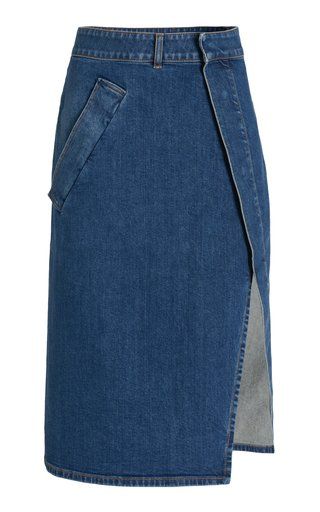 Women's Designer Collection Sale | Moda Operandi Denim Fashion Outfits, Denim Wrap Skirt, Vestidos Jeans, Train Wedding Dress, Long Train Wedding Dress, Midi Wrap Skirt, Midi Denim, Autumn 2022, Denim Skirt Women