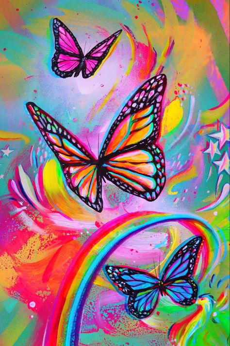 Trippy Acrylic Painting, Butterfly Rainbow, Magical Butterfly Art, Trippy Flowers, Rainbows And Butterflies, Trippy Butterfly Tattoo, Rainbow Butterfly Painting, Trippy Rainbow Art, Pretty Trippy Paintings