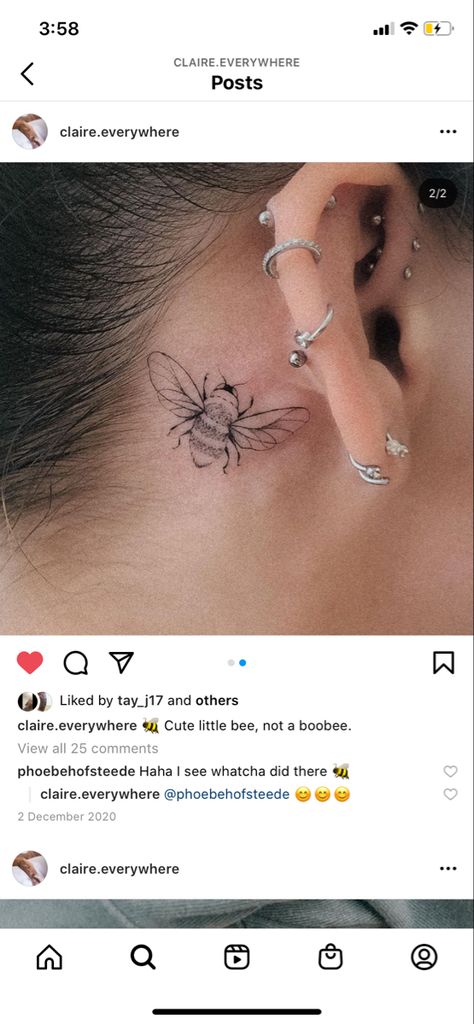 Honey Bee Tattoo Behind Ear, Honeycomb Ear Tattoo, Bumble Bee Tattoo Behind Ear, Queen Bumble Bee Tattoo, Bee Tattoo Back Of Neck, Bee Tattoo Behind The Ear, Bee Tattoo Ear, Bee Behind The Ear Tattoo, Beyonce Bee Tattoo