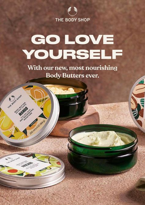 Body Butter Packaging, The Body Shop At Home, Body Shop Body Butter, Digital Brochure, British Rose, Vinyl Lips, Avocado Vegan, Body Shop At Home, Body Butters