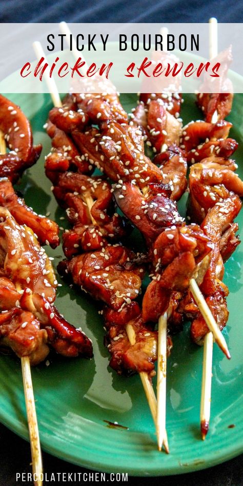 These sticky bourbon chicken skewers are not only an easy party appetizer, they're incredibly additive. You can't stop after eating just one! I'm telling you this as a friend: make sure you've got people standing around when you take these babies off the stove, because once you taste one, you'll want to eat the entire platter, sticky fingers and all. You think I'm joking? I double dog dare you to not eat just one. Go ahead! Try me. The best part about this easy party appetizer isn't that the ... Bourbon Chicken Skewers, Bourbon Chicken, Chicken Appetizers, Kabob Recipes, Meat Appetizers, Party Appetizers Easy, Party Appetizer, Chicken Skewers, Kebabs