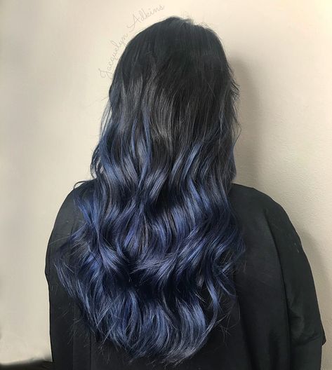 follow my Instagram: unevneib  Blue hair indigo hair dark roots blue ends balayage ombre color melt vivid hair color long hair wavy curly Dark Blue Ends Hair, Dark Roots Blue Hair, Dark Roots Colored Hair, Indigo Balayage, Navy Blue Balayage, Black Hair With Blue Ends, Blue Ends Hair, Blue Ombré Hair, Dark Blue Hair Dye