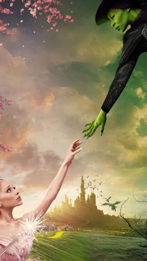 Wicked Film Poster, Wicked Phone Background, Wicked Movie Phone Wallpaper, Wicked Wallpaper Ariana, Glinda And Elphaba Wallpaper, Wicked Iphone Aesthetic, Wicked Background Aesthetic, Wicked Glinda Wallpaper, Ariana Grande Wicked Wallpaper