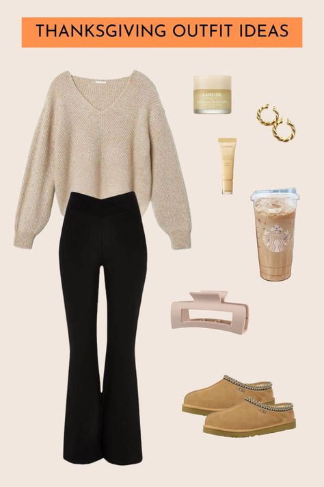 #Ad #AmazonAffiliate Looking for a cozy yet stylish Thanksgiving outfit idea? Pair high-waisted, wide-leg black leggings with a soft, oversized beige V-neck sweater for ultimate comfort. Add sand-colored UGG slippers and style it up with a nude claw clip, twisted hoops, and a matching necklace. Complete the look with an iced coffee in hand and a touch of hydration with LANEIGE lip mask & balm. Perfect for lounging and gathering! #ThanksgivingOutfit #CozyStyle #FallFashion #OutfitInspo Ugg Slippers Outfit Leggings, Modern Winter Outfits, Chic Thanksgiving Outfit, Beige Sweater Outfit, Formal Outfit Ideas, Teens Outfits, Coffee In Hand, Slippers Outfit, Coat Styles