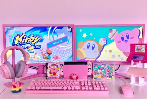 kirby battlestation gaming setup nintendo switch gamer girl kawaii cute pink joycons ds razer quartz Razer Quartz, Pink Gaming Setup, Kawaii Bedroom, Kawaii Games, Pc Gaming Setup, Cool Electronics, Gaming Room Setup, Nintendo Switch Games, Gamer Room