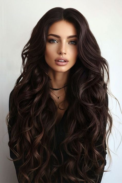 Romantic Curls Long Hair, Long Haircuts Dark Hair, Dark Brown With Black Highlights, Long Hairstyles Volume, Big Soft Curls For Long Hair, Breton Hair Long, Dark Chocolate Brown Hair Color Rich Brunette, Fall Hair Cuts For Long Hair, Wavy Formal Hair