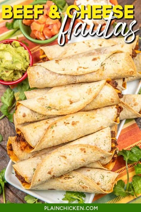 Baked Beef & Cheese Flautas Recipe - Tortillas are filled with zesty taco meat and cheese and baked to perfection.  Can serve as an appetizer or main dish. Whether enjoyed on their own or paired with your favorite toppings like guacamole, sour cream, or salsa for a meal better than any Mexican restaurant! Flautas Recipe Beef, Ground Beef Flautas Recipe, Beef Flautas Recipe, Cheese Flautas, Beef Flautas, Baked Flautas, Flautas Recipe, Mexican Food Dishes, Taquitos Recipe