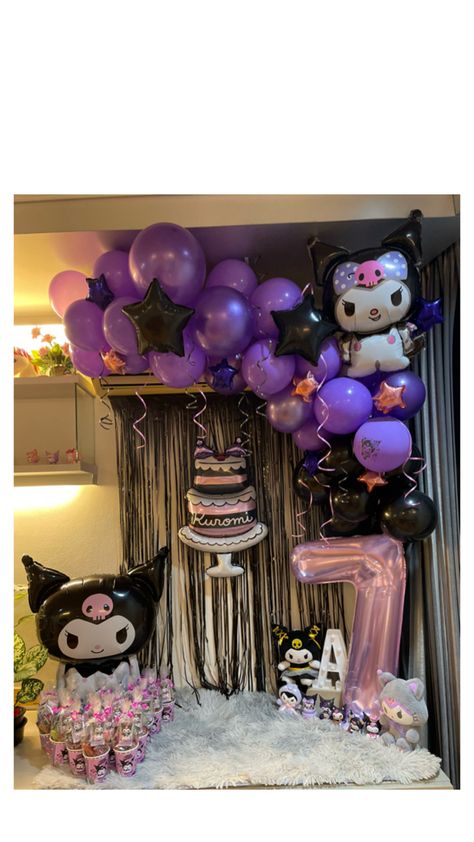 DIY Kuromi Backdrop Diy Kuromi, Kuromi Birthday, Balloon Bouquet Diy, Baby Coloring Pages, 20th Birthday Party, Friends Cake, Walpaper Hello Kitty, Hello Kitty Birthday, 22nd Birthday