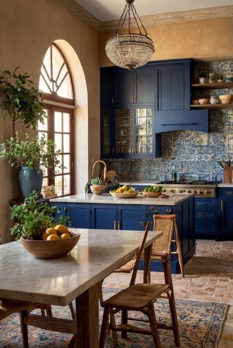 15+ Impressive Kitchen Design Ideas That Will Elevate Your Space Mediteran Style Kitchen, Blue Spanish Kitchen, Mediterranean Home Decor Kitchen, Medeteranian Home Decor, Mediterranean House Designs Interiors, Kitchen Design Mediterranean, Blue Mediterranean Kitchen, Greek Kitchen Aesthetic, Portuguese Kitchen Design