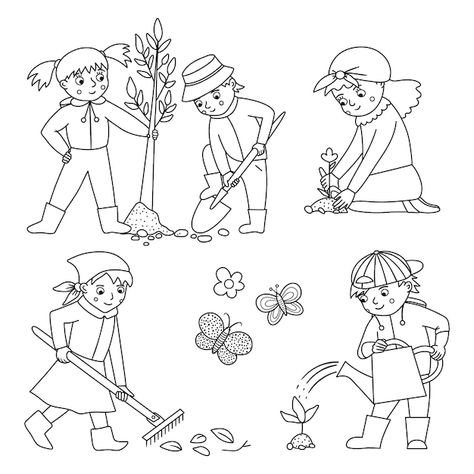 Garden Clipart Black And White, Watering Plants Drawing, Gardening Coloring Pages, Nana Drawing, Planting Drawing, Nursery Black And White, Gardening Drawing, Black And White Clipart, Swedish Weaving Patterns