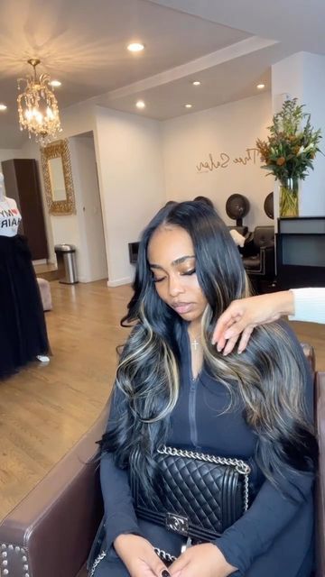 Traditional Sew In With Leave Out Highlights, Highlight Middle Part Sew In, Sew In With Leave Out Highlights, Brown Highlights On Black Hair Quick Weave, Brown Highlights Weave, Peekaboo Sew In With Leave Out, Highlight Sew In Leave Out, Closure Sew In Highlights, Black Wig Brown Highlights