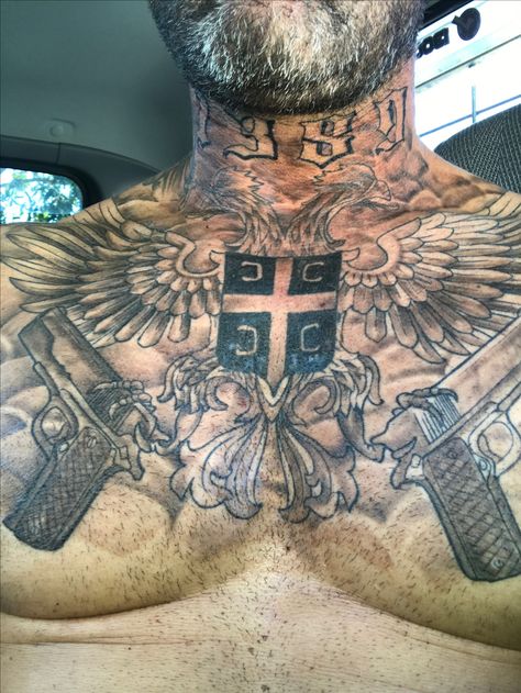 Serbia Tattoo, Eagle Tattoo On Hand, Cross Necklace Tattoo, Eagle Back Tattoo, Sparta Tattoo, Croatian Tattoo, Russian Prison Tattoos, Tattoo Mafia, Gangster Squad