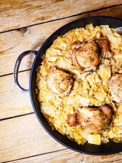 This SIMPLE CABBAGE AND CHICKEN THIGH SKILLET is a great weeknight meal! It is a quick dinner with barely any dishes everyone will love.⁠ ⁠ https://scrambledandscrumptious.com/simple-cabbage-and-chicken-thigh-skillet/ Chicken Thigh Skillet, What To Make With Chicken, Chicken Thigh Fillet Recipes, Skillet Chicken Thighs, Chicken Thighs Dinner, Braised Cabbage, Chicken And Cabbage, Meal Train Recipes, Buttermilk Chicken