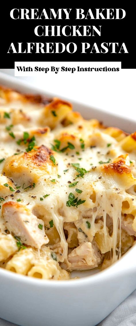 Image for Creamy Baked Chicken Alfredo Pasta Easy Chicken Bake, Baked Chicken Alfredo, Creamy Baked Chicken, Creamy Chicken Bake, Tasty Chicken Recipes, Baked Chicken Alfredo Pasta, Best Baked Chicken, Cheesy Baked Chicken, Night In With Friends