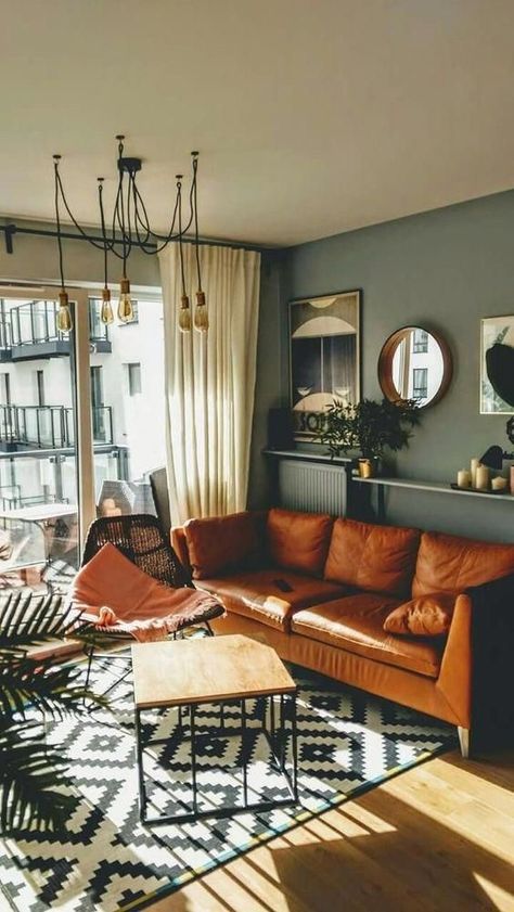 mid century modern dark moody industrial living room decor brown leather sofa olive green wall big window Living Room Color Combination, Design Interior Modern, Room Color Combination, Living Room Wall Color, Room Wall Colors, Elegant Living Room, Room Decorations, Living Room Colors, Living Room Inspo