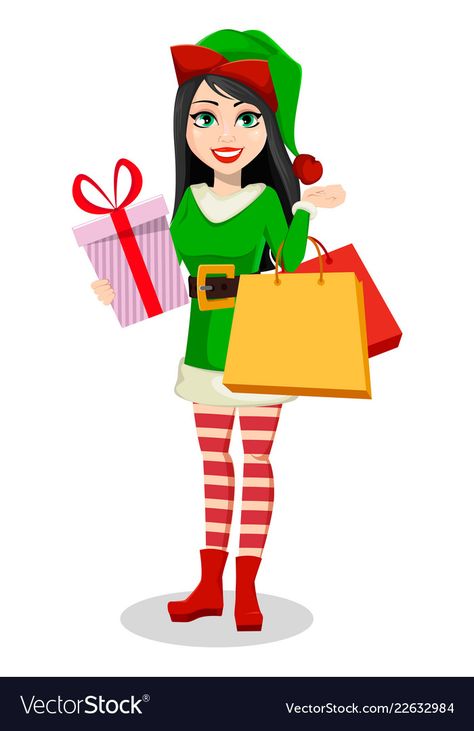 Coffee Vector Illustration, Elf Cartoon, Coffee Vector, Santa Helper, Merry Christmas And Happy New Year, Christmas Elf, Shopping Bags, Cartoon Character, Beautiful Woman