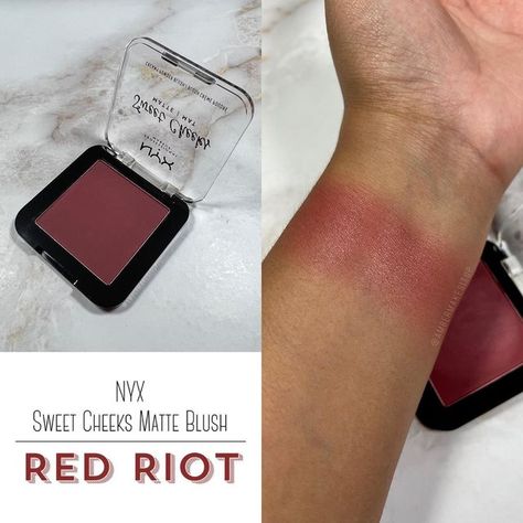 Amber on Instagram: "@nyxcosmetics Sweet Cheeks Matte Blush in Red Riot. A very lovely, deep, rosy shade! The texture of these blushes feel so smooth. I think I may need every color now...also I know these are called matte, but they have this really pretty satin sheen when I swatched them. I think they may be called matte because there is a shimmery version of each color as well labeled as glow. . . . . #blush #blusher #makeupswatches #maquillage #makeup #cosmetics #nyxcosmetics #burgundy #rose Dark Red Blush, Blush Swatches, Blusher Makeup, Dark Blush, Red Blush, Matte Blush, Brown Eyed Girls, Soft Girl Aesthetic, Sweet Cheeks