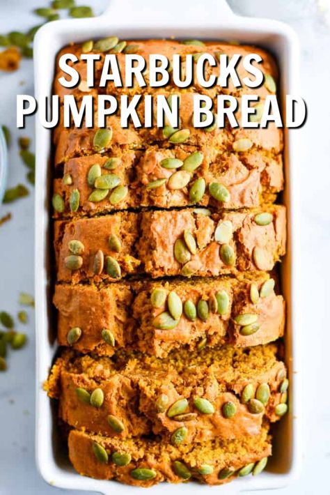 Starbucks Copycat Pumpkin Bread - Keat's Eats Pumpkin Bread Starbucks, Starbucks Pumpkin Bread, Gluten Free Pumpkin Bread, Pumpkin Delight, Starbucks Pumpkin, Gf Bread, Starbucks Copycat, Gluten Free Pumpkin, Fall Treats