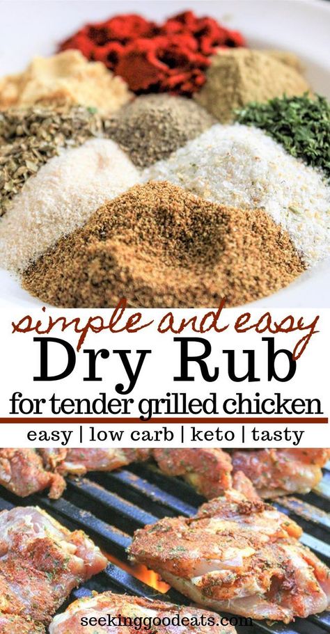 Make the best grilled chicken with this dry rub - it results in the most tender chicken (or grilled pork) ever! This simple easy recipe is sugar free, low carb, and keto friendly. You'll will love this foolproof healthy recipe.  Try our recipe for Dry Rub Chicken With White Barbecue Sauce (find the recipe link on our website, through this pin) #grilling #bbq #keto #lowcarb #dryrub #sugarfree #seekinggoodeats #ketogenic #chicken #pork Seasoning For Grilled Chicken, Make Kylie Jenner, Chicken Dry Rub, Cooking Seasonings, Bbq Keto, Rub For Chicken, Chicken Rub Recipes, Chicken Seasoning Recipes, Dry Rub For Chicken