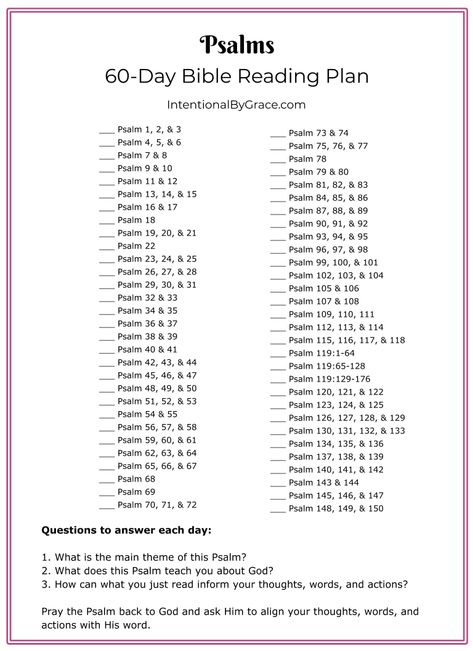 Free Psalms Bible Reading Plan 60 Days - Intentional By Grace 30 Day Psalm Reading Plan, Psalms And Proverbs Reading Plan, Psalms Reading Plan, Psalm Reading Plan, Monthly Scripture Reading Plan, Topical Bible Reading Plan, Bible Marriage, Psalm 60, Psalm 75