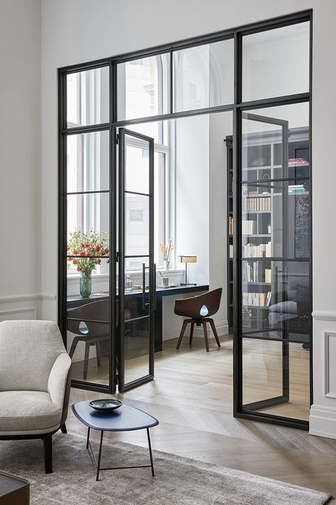 Frankford Double Doors with Sidelight by Amuneal Manufacturing Corp. Home Office Glass Wall, Glass Office Doors, Glass Partition Designs, Home Office Doors, Study Wall, Glass Room Divider, Living Room Divider, Factory Architecture, Mulholland Drive