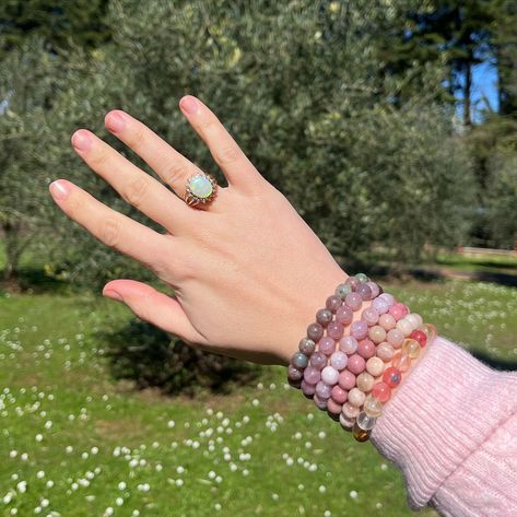 Bringing in all the loving vibes with this pink crystal stack 🩷 featuring Red Green Garnet, Lavender Rose Quartz, Kunzite, Rhodochrosite, Watermelon Skin Quartz and Sunstone ☀️ Lavender Rose Quartz, Healing Hand-strung Rose Quartz Jewelry, Spiritual Hand-strung Rose Quartz Stretch Bracelet, Adjustable Rose Quartz Crystal Bracelet, Spiritual Style, Pink Rhodochrosite, Green Garnet, Lavender Roses, Pink Crystal, Red Green