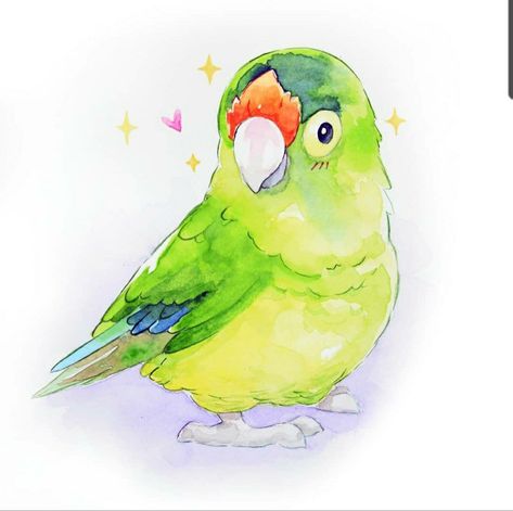 Kawaii Bird Drawing, Parrot Doodle, Senegal Parrot, Parrot Drawing, Bird Doodle, Grandma Birthday Card, Budgies Bird, Parrots Art, Tree Drawing