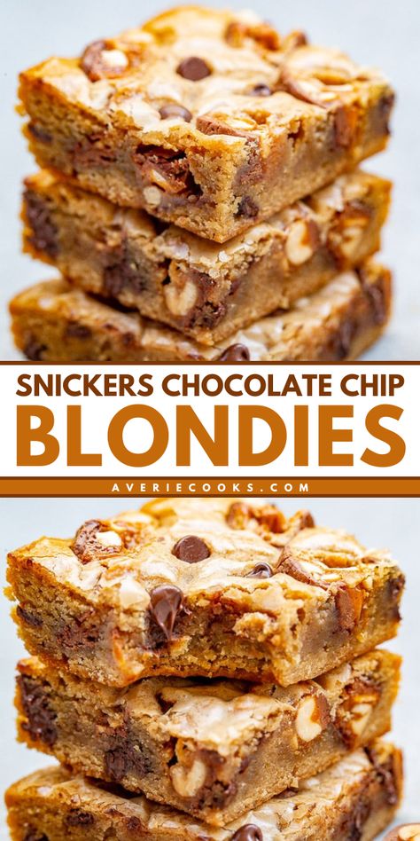 Look forward to these Snickers cookie bars! Filled with chunks of Snickers in every bite, these chocolate chip blondies are a perfect Halloween treat for parties. Save this blonde brownie recipe for a delicious and easy Halloween dessert! Blonde Recipe Brownies, Snicker Cookies Recipes, Snickers Recipes Desserts, Snicker Bars Recipe, Snicker Desserts, Easy Baked Dessert Recipes, Snickers Dessert Recipes, Bar Dessert Recipes, Homemade Desserts Easy