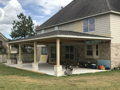 Covered Cement Patio Ideas, Attached Patio Ideas, Concrete Covered Patio Ideas, Cover Concrete Porch With Wood, Covered Patio On Two Story House, Stamped Concrete Covered Patio, Backyard Patio Covers Ideas, Extended Covered Patio Ideas, Ranch House Patio Cover