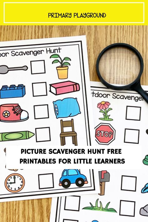 Printable scavenger hunt sheets for children with illustrations of common objects and words, laid out on a wooden surface with a magnifying glass. Picture Scavenger Hunts, Preschool Scavenger Hunt, Outdoor Scavenger Hunt, Scavenger Hunts, Scavenger Hunt, Summer Crafts, Free Printable, Free Printables, Preschool