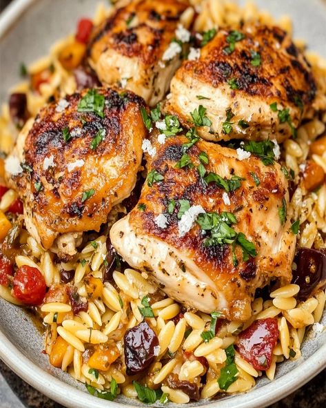 Mediterranean Chicken and Orzo - Easy 30-Minute Recipe Garlic Chicken And Orzo, Orzo Chicken Thigh Recipes, Chicken Farro Recipes, Greek Chicken With Orzo, Mediterranean Instant Pot Recipes, Mediterranean Chicken And Orzo, Orzo Chicken Recipes, Meditterean Recipes, Mediterranean Chicken Orzo