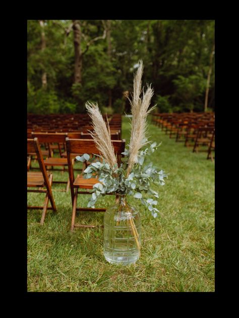 Pampus Grass Vase, Pampas Grass Isle Wedding Decor, Pompis Grass Wedding Decor, Pampas Grass Wedding Decor Isle, Sage And Pampas Wedding, Simple Outside Ceremony Decor, Boho Wedding Florals Bouquets, Pompous Grass Wedding Aisle, Pompadour Grass Wedding Decor