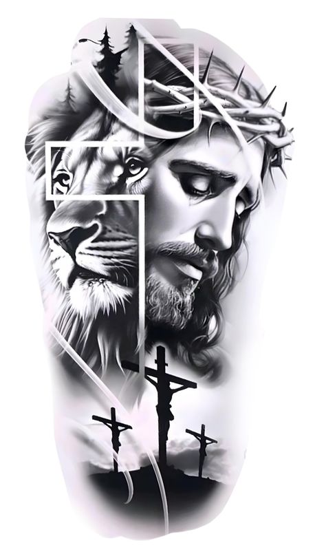 Half Lion Half Jesus Face Tattoo, God Face Tattoo, Tattoo Jesus, Aztec Warrior Tattoo, Baby Angel Tattoo, Egyptian Eye Tattoos, Jesus Tattoo Design, Animal Tattoos For Men, Bible Tattoos