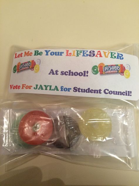 DIY Student Council handouts "Let me be your LifeSaver at School" Student Council Campaign Goodies, Student Council Candy Ideas, Student Council Campaign Posters Candy, Candy Campaign Slogans, Student Council Campaign Giveaways, Student Council Candy Slogans, Campaign Giveaways Ideas, Candy Slogans For Student Council, Student Council Campaign Handouts